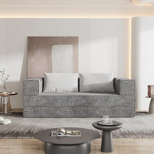 80" Folding Convertible Fold Out Sleeper Sofa Bed King Size , 5 in 1 DIY Combination Floor Couch Cozy Lounge Daybed with Curved Armrest and Throw Pillows for Living Room Apartment Chenille Fabric Eafurn