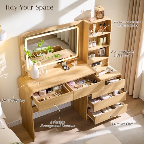 wow97e 50" Makeup Vanity Desk with 35.43" Mirror and Lights, Large 5 Drawers Makeup Table with Adjustable Shelves and Charging Station, 3 Lighting Modes for Women and Girls, Bedroom or Dorm, Natural wow97e