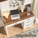 Vabches Farmhouse Executive Desk with 4 Drawers and Storage Cabinet, Rustic Large Home Writing Desk with Hutch, Workstation for Bedroom, White Vabches