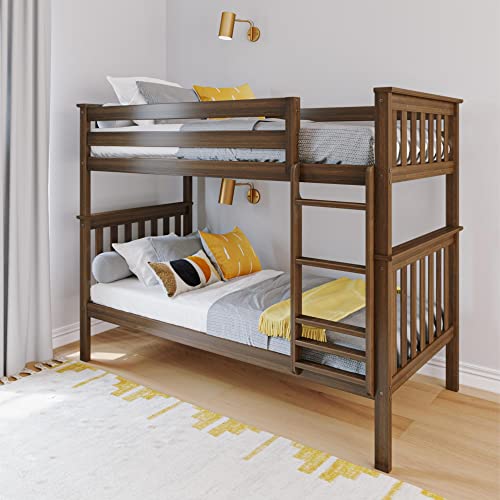 Max & Lily Bunk Bed Twin over Twin, Solid Wood Bunk Bed Frame with Ladder for Kids, 14" Safety Guardrails, Easy Assembly, No Box Spring Needed, Walnut Max & Lily