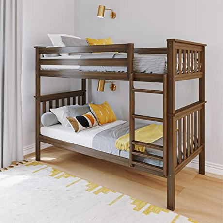 Max & Lily Bunk Bed Twin over Twin, Solid Wood Bunk Bed Frame with Ladder for Kids, 14" Safety Guardrails, Easy Assembly, No Box Spring Needed, Walnut Max & Lily