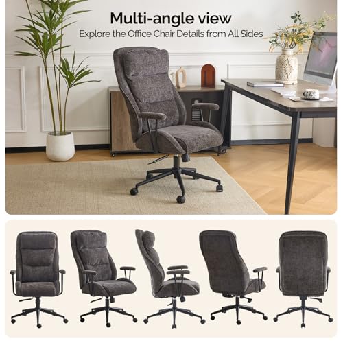 VINGLI Chenille Executive Ergonomic Fabric Office Chair with 100-130° Recline, High-Back Desk Chair with Adjustable Base & Padded Back & Wheels, Comfy Chair for Gaming, Computer, Home Office,Dark Gray VINGLI