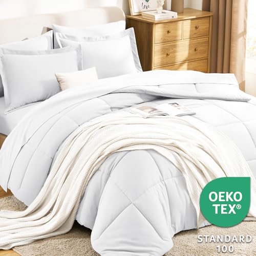 CozyLux Full Size Comforter Sets White - 7 Pieces Bed in a Bag Full, Oeko-Tex Certified Bed Set, All Season Soft Bedding Set with Down Alternative Comforter, Sheets, Pillowcases & Pillow Shams CozyLux