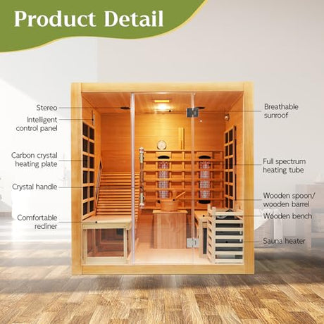 ZONEMEL Indoor Hybrid Sauna with Recliner, Canadian Hemlock Wooden Steam Infrared Sauna House for 2 or 3 People, 8mm Tempered Glass,9 Heaters, Full Spectrum & Carbon Plate & 6KW Harvia Heater, 220V ZONEMEL
