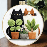 Zhenqing Cats and Potted Plants Embroidery Kit for Beginners, Pre-Printed 29x29cm Cotton Fabric with 20cm Hoop, Cute Cat Duo Design for Home Decor(JC0010)