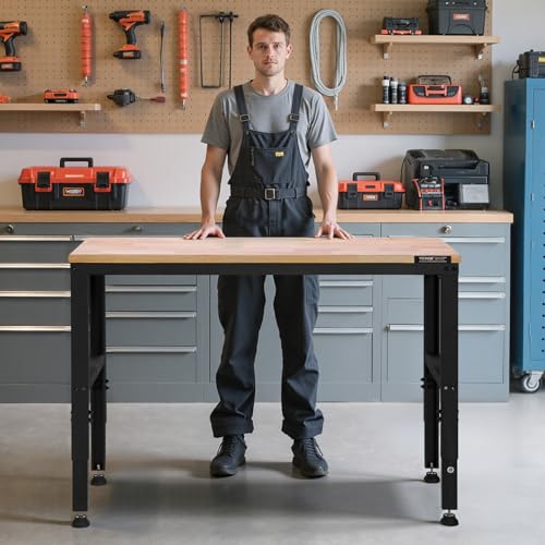 VEVOR Adjustable Workbench, 2000 lbs Capacity, 48 x 20-inch Heavy Duty Work Bench with 28.5-38.3 Inches Height Adjustment, Garage Workbench with Power Outlets, Suitable for Office, Garage, Workshop VEVOR