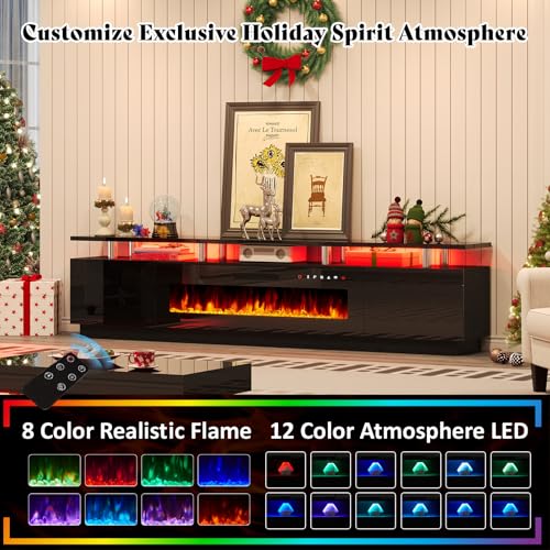 AMERLIFE 90" High Gloss 2 Tier TV Stand with 50" Electric Fireplace, Modern Luxury Large Entertainment Center/w LED Lights, Media Console Table Storage Cabinet for TVs Up to 100", Living Room, Black AMERLIFE