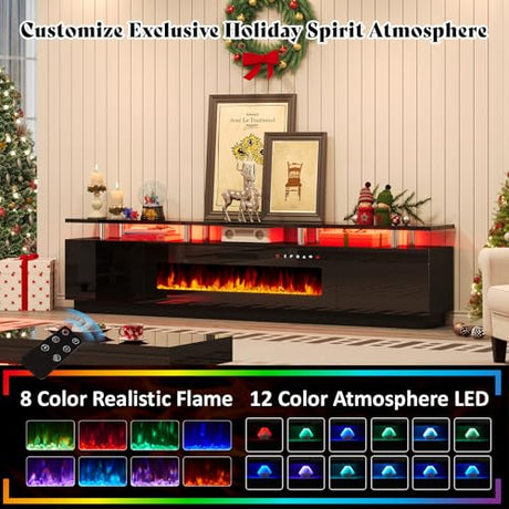 AMERLIFE 90" High Gloss 2 Tier TV Stand with 50" Electric Fireplace, Modern Luxury Large Entertainment Center/w LED Lights, Media Console Table Storage Cabinet for TVs Up to 100", Living Room, Black AMERLIFE