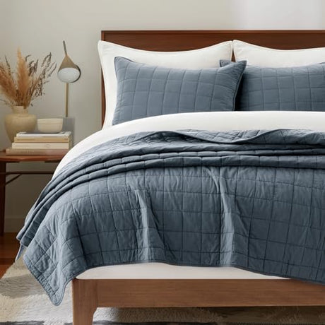 EVERGRACEHOME 100% Cotton Box Stitch Quilt Bedding Set King Size 3 Pieces, Garment-Washed Lightweight Soft Cozy Coverlet, Oversized Quilted Bedspread Sets with 2 Shams for All Season, Midnight Blue EVERGRACEHOME