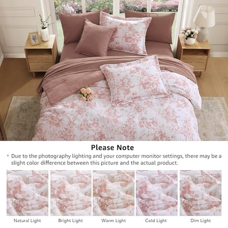 BLOOMHAVEN Full Comforter Set -7 Pieces Pink Floral Comforter Set for All Seasons, Bed in a Bag Full with Botanical Flowers Comforter, Sheets, Pillowcases & Shams BLOOMHAVEN