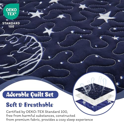 JSD Blue Stars Kids Quilt Set Full/Queen, 3 Piece Space Theme Boys Printed Bedspread Coverlet with Pillow Sham Quilted Blanket JSD