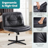 OLIXIS Criss Cross Chair Without Wheels, Cross Legged Office Chair, Armless Wide Vanity Desk Chair with Comfy PU Leather& Back - Swivel for Home Office Bedroom, Black OLIXIS