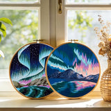 Aurora Borealis Embroidery Starter Kits for Beginners Adults, Stamped Cross Stitch Kit for Adult Beginner, Hand Embroidery Needlepoint Kit, 2 Set Embroidery Supplies, 2 Hoops (Attached Video Tutorial)