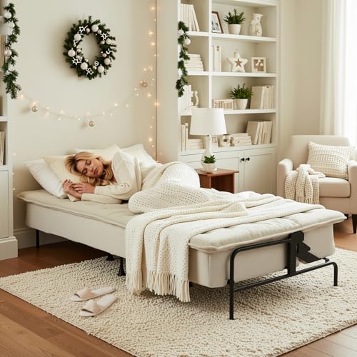 Homy Casa Modern Beige Futon Sofa Bed, 3-Position Adjustable Backrest, Metal Frame, Capacity 500 lbs, Convertible Daybed for Living Room/Guest Room/Studio Apartment Homy Casa