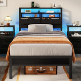 Furnulem Twin Bed Frames with Charging Station and LED Lights, Wood Headboard with 2 Fabric Drawers and Storage Shelves, Twin Size Platform Bed with Metal Slats, No Box Spring Needed, Black Oak Furnulem