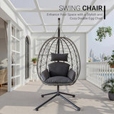 JOINFUN Egg Chair with Stand, Patio Wicker Hanging Swing Egg Chair Thickened, Galvanized Pipe Steel Frame and UV Resistant Cushion for Bedroom Garden Indoor Outdoor, 350LBS Capacity (Drak Grey)