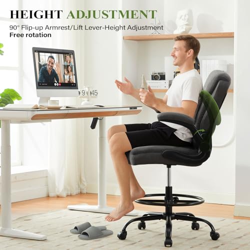 Drafting Chair Tall Office Chair for Standing Desk, Ergonomic Tall Desk Chair with Adjustable Foot Ring, Flip-Up Armrests, Lumbar Support, Comfortable Fabric Seat – Ideal for Home and Office Use MAHOMICO