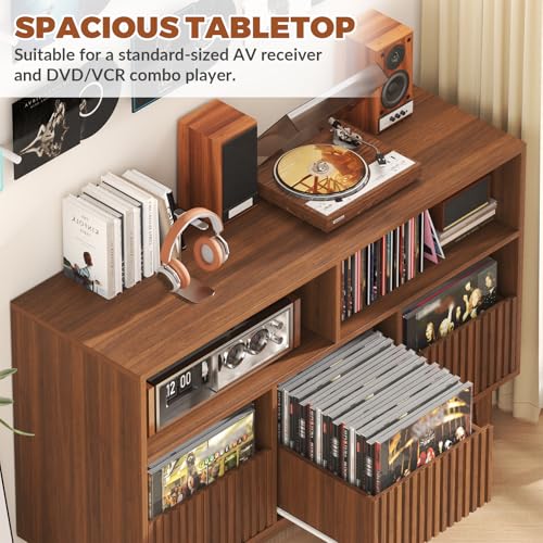 Forrelaxis 48" XL Record Player Stand with 3 Drawers, Mid Century Modern Vinyl Record Storage Cabinet Up to 285 LPs, Turntable Media Console Table for Living Room Bedroom(Walnut) Forrelaxis