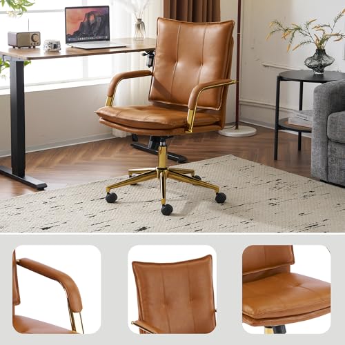 MOJAY Office Chair, Leather Desk Chair, Brown Desk Chair, Mid Century Modern Office Chair, Swivel Comfy Upholstered Executive Desk Chair with Gold Legs and Armrests for Home, Office (Camel&Golden) MOJAY