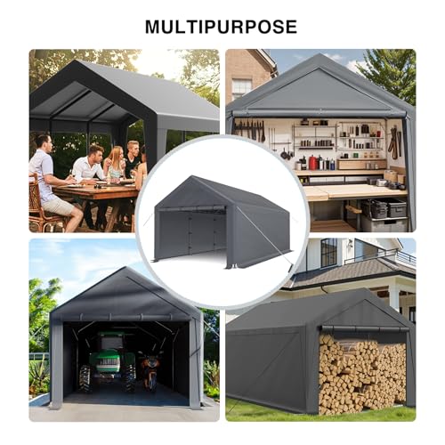 Carport Canopy 10x20 Heavy Duty, Portable Carport Garage with Removable Sidewalls and Door, Car Port with Waterproof Canopy for All Season (Gray) RUIJOROO