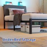 VECOCHO Twin Bed Frame with Storage Headboard,Heavy Duty Metal Platform Bed Frame Twin with Charging Station and LED Lights,Ergonomic Upholstered Single Bed No Box Spring Needed,Noise-Free Slats,Black VECOCHO