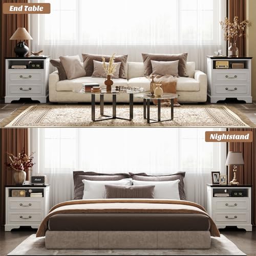 Unikito Farmhouse Nightstand with Charging Station, Bedside Table with 2 Large Drawers & Vintage Handles, Side Table with Open Storage for Bedroom (Antique White) Unikito