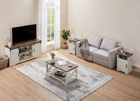 AMERLIFE 4-Piece Farmhouse Table Set Includes Sliding Barn Door TV Stand, Coffee Table& Two End Tables, Side Table with Charging Station and USB Ports, for Living Room, Bedroom, Distressed White, 66" AMERLIFE