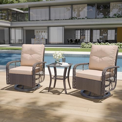 Aoxun 3 Pieces Outdoor Swivel Rocker Chair Set of 2 with Small Side Table Wicker Rattan Patio Furniture Set Outdoor Rocking Chair Set for Backyard, Balcony, Deck (Beige)