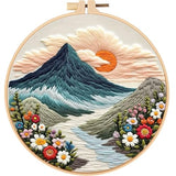 FONNUY Embroidery Kit for Beginners, Flower Hill Nature Landscape Pre-Stamped Pattern Kits for Adults with Hoop, Easy to Follow Color Thread Needlework, 8'' Hoop (Teal Blue)