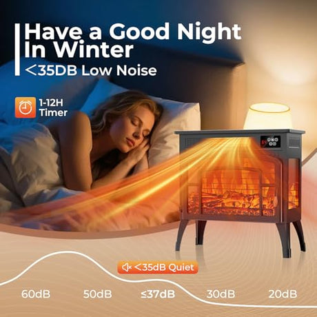 BREEZEHEAT Electric Fireplace Stove-Freestanding Fireplace Heater w/ 3D Flame, Thermostat, Remote, 1500W/750W Quiet Heating, Portable Fireplace for Indoor Use, Overheating Protection, Black, 23" Wide BREEZEHEAT