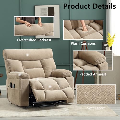 CANMOV Dual Motor Power Lift Recliner Chair for Elderly, 27" Extra-Wide Seat 450 lbs Weight Capacity Infinite Position Adjustment, with Heated Massage, Cup Holders and USB Port, Camel Fabric