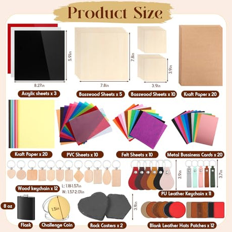 Tondiamo 137 Pcs Laser Material Explore Kit Laser Cutting Materials Engraving Material Accessories Including Acrylic, Wood, Metal, PU Leather, Fabric, Rock, Rubber Materials for Laser Cutter Engraver Tondiamo
