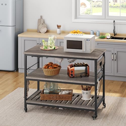 Yaheetech Kitchen Cart with Power Outlet, Rolling Kitchen Island on Wheels with Glass Holder & Hooks, Utility Trolley Cart Coffee Bar Microwave Stand Cart with Lockable Casters, Taupe Wood - WoodArtSupply