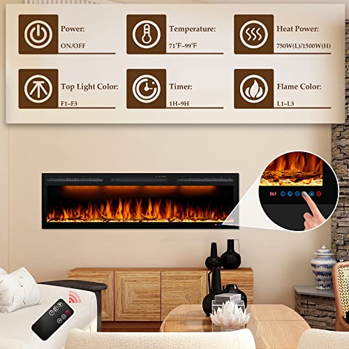 72 inches Electric Fireplace, Recessed and Wall Mounted Fireplace Heater and Linear Fireplace Inserts, Adjustable Heaing& Remote Control& Touchscreen, Multicolor Flame & Realistic logs,1500W, Black Dreamflame