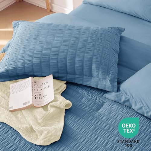 MUXHOMO 7 Pieces King Comforter Set, Seersucker Bed in a Bag King Size, All Season Luxury Bedding Set with Comforter, Flat Sheet, Fitted Sheet, Pillowcases & Shams, Mineral Blue MUXHOMO