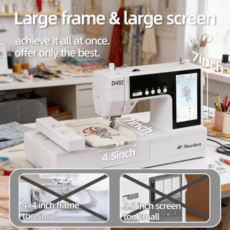 FLEURDENZ D492 Embroidery Machine with 4.5" x 7" Area for Beginners, Home DIY, Sewing & Embroidery Machine with Hoops, 180 Built-in Designs with USB Import, 7-Inch Touchscreen, Auto Threader & Cutter FLEURDENZ