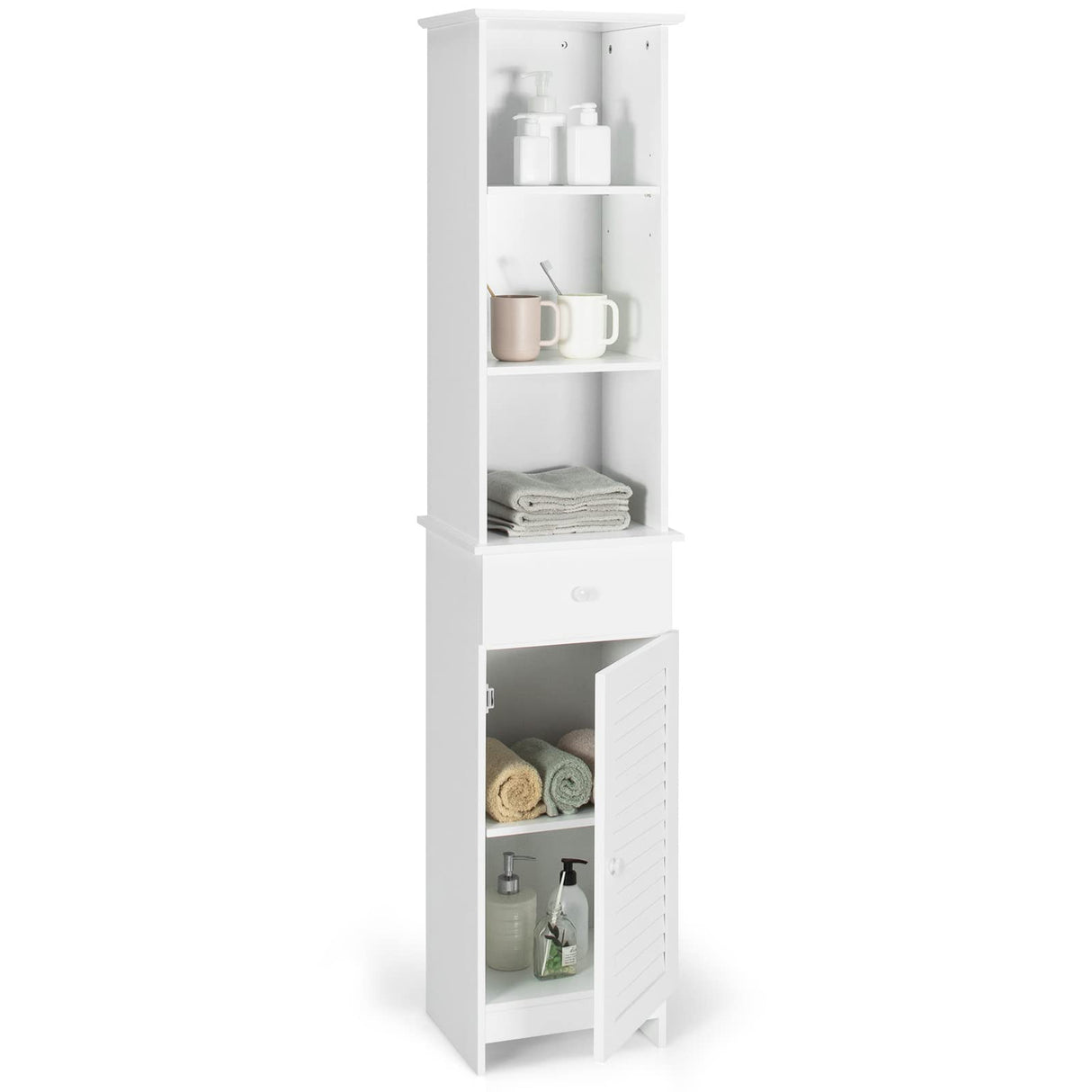 Tangkula Tall Bathroom Cabinet, Slim Storage Cabinet w/ 3 Tier Shelf, Drawer & Enclosed Cabinet, Adjustable Shelves, Narrow Floor Linen Tower for Bathroom Living Room, 13.5 x 12 x 64.5 Inch Tangkula