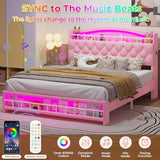 HAUOMS Full Bed Frame with LED Lights, Princess Velvet Upholstered Platform Bed for Girls, Headboard with Charging Station & Guardrail & Crystal Button, No Box Spring Needed, Pink HAUOMS