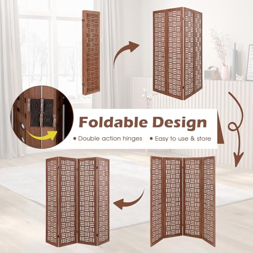 Giantex 4 Panels Room Divider - Folding Room Dividers with Carved Cutout Pattern & Solid Wood Frame, Fully Assembled, 5.5FT Antique Partition Privacy Screen Wall Divider for Room Separation, Brown Giantex
