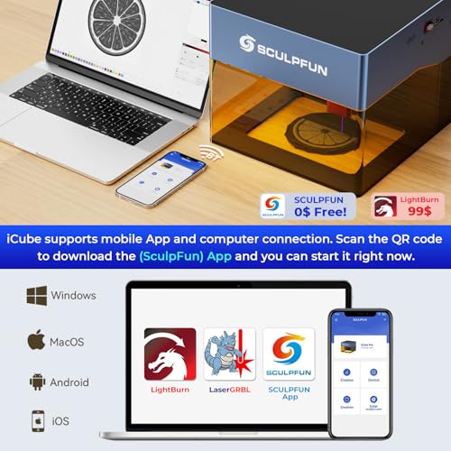 SCULPFUN iCube Pro Laser Engraver, 5000mW Desktop Laser Cutter with Smoke Filtration System, Laser Class 4, 125×125mm Engraving Area, No Assembly Required, 0.01mm Carving Precision KoveYzao