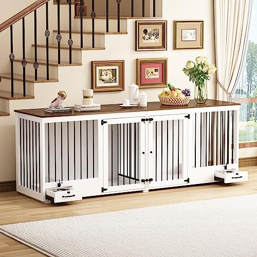 DAWNSPACES Furniture Style Large Dog Crate for 2 Dogs, 86.6" Heavy Duty Wooden Dog Kennel with Dog Bowl Drawers & Divider, Indoor Furniture Style Dog Kennel for Large Medium Dogs, White DAWNSPACES