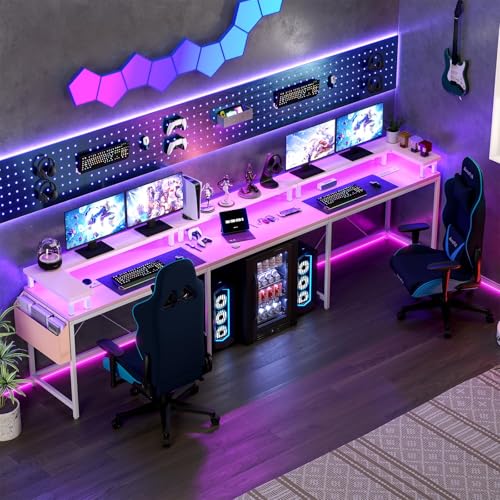 ElfinAura 78" U-Shaped Computer Desk - Reversible L-Shape Design with Built-in Power Strip, LED Lighting & Monitor Stand, Gaming Desk with Storage Shelves & Hooks - Pink. ElfinAura