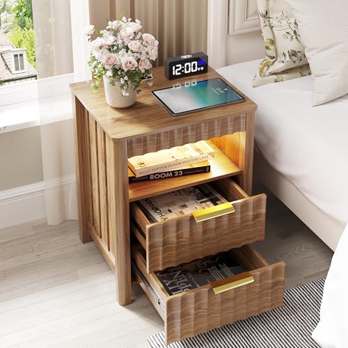 Dystler Fluted Night Stand with Gun Drawer, Wood Nightstand with Charging Station and Human Sensor, Modern Bedside Table with LED Light and Storage Shelf for Bedroom, Natural Dystler