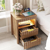 Dystler Fluted Night Stand with Gun Drawer, Wood Nightstand with Charging Station and Human Sensor, Modern Bedside Table with LED Light and Storage Shelf for Bedroom, Natural Dystler
