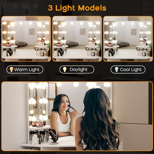 Knowfunn Corner Vanity Desk Set with 3-Folding Lighted Mirrors, Makeup Vanity Table with Charging Station, 5 Rotating Drawers and Storage Bench for Bedroom, White Knowfunn