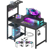 MEUIS 40 inch Small Gaming Desk with Pegboard Shelves Computer Desks with Led Lights Power Outlets PC Monitor Stand Reversible Storage Shelf Table for Bedroom Small Space, Black MEUIS