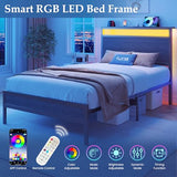 Fluest Twin Bed Frame with Headboard & Footboard, Twin Bed Frame with Charging Station & LED Light, Under-Bed-Storage, No Box Spring Needed, Noise Free, Easy Assembly, Rustic Grey Fluest