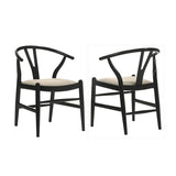 Simple Relax Set of 2 Upholstered Y-Shaped Back Wishbone Dining Side Chairs in Black and Beige simple relax