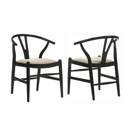 Simple Relax Set of 2 Upholstered Y-Shaped Back Wishbone Dining Side Chairs in Black and Beige simple relax