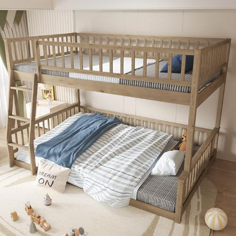 Merax Full XL Over Queen Floor Bunk Bed, Kids Bedroom Brown Wooden Bunk Bed Frame, Convertible to 2 Separated Beds with Trundle, Ladder & Guardrail for Teens, Wood Slat Support, Easy Assembly, Brown Merax